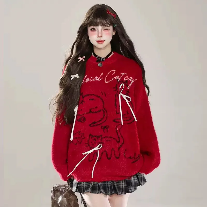 Sweet Girl Style Red Cartoon Cat Embroidered Sweater