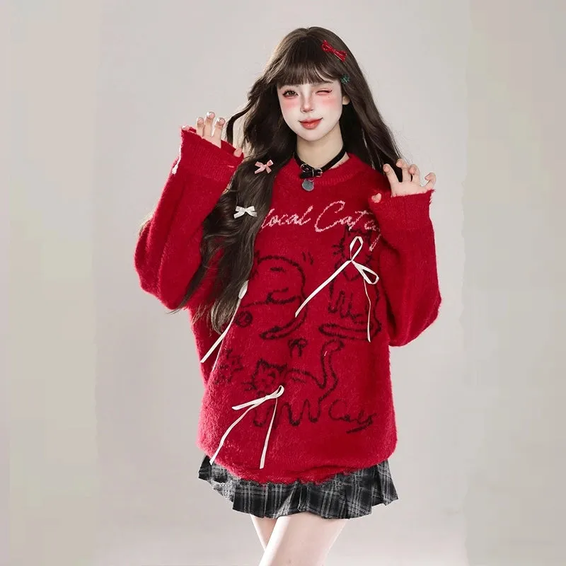 Sweet Girl Style Red Cartoon Cat Embroidered Sweater