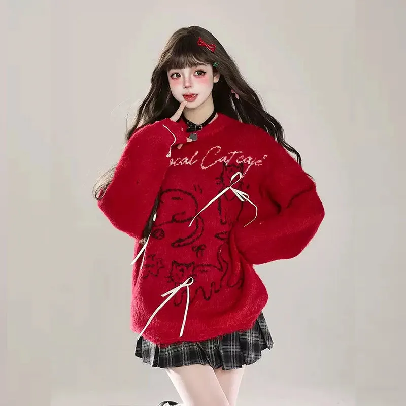 Sweet Girl Style Red Cartoon Cat Embroidered Sweater