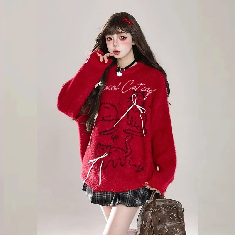 Sweet Girl Style Red Cartoon Cat Embroidered Sweater