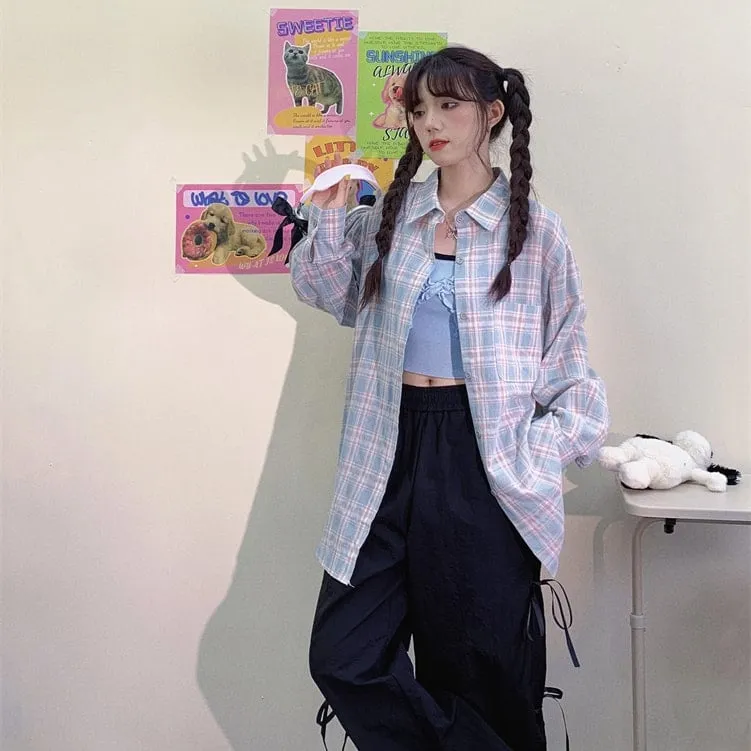 Sweet Japanese Cartoon Cat Print Blue Plaid Blouse