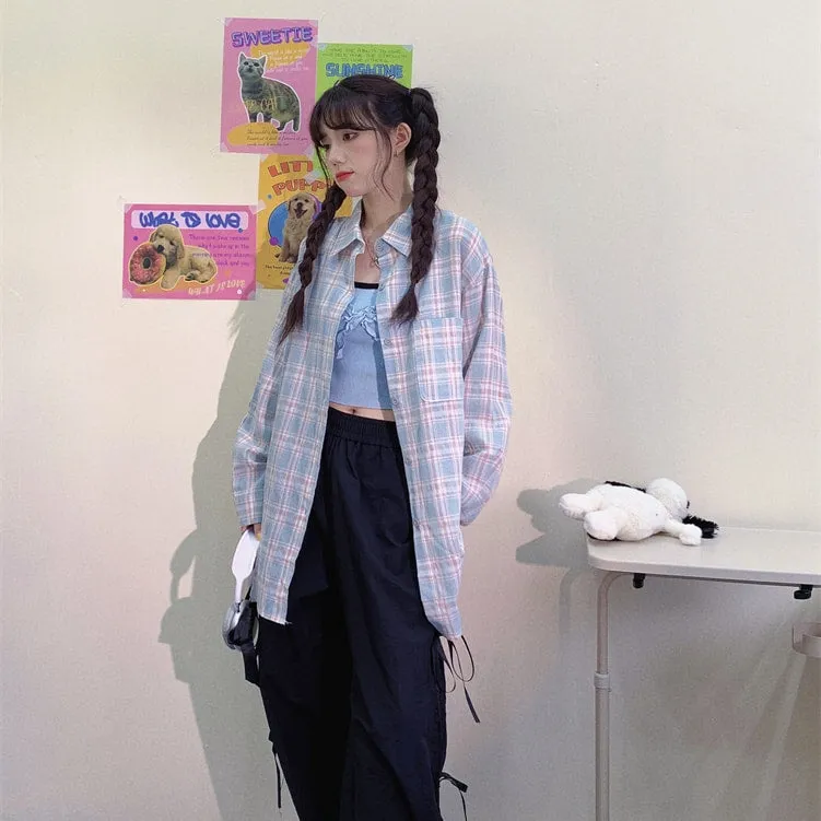 Sweet Japanese Cartoon Cat Print Blue Plaid Blouse