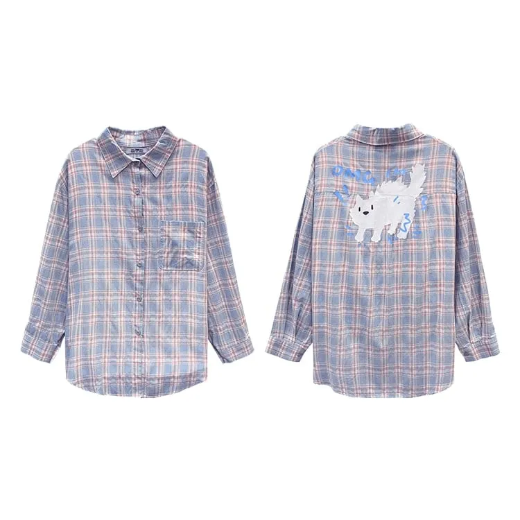 Sweet Japanese Cartoon Cat Print Blue Plaid Blouse