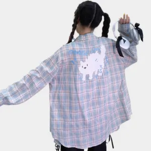 Sweet Japanese Cartoon Cat Print Blue Plaid Blouse