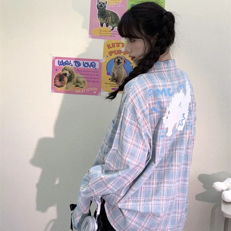 Sweet Japanese Cartoon Cat Print Blue Plaid Blouse