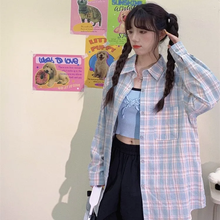 Sweet Japanese Cartoon Cat Print Blue Plaid Blouse