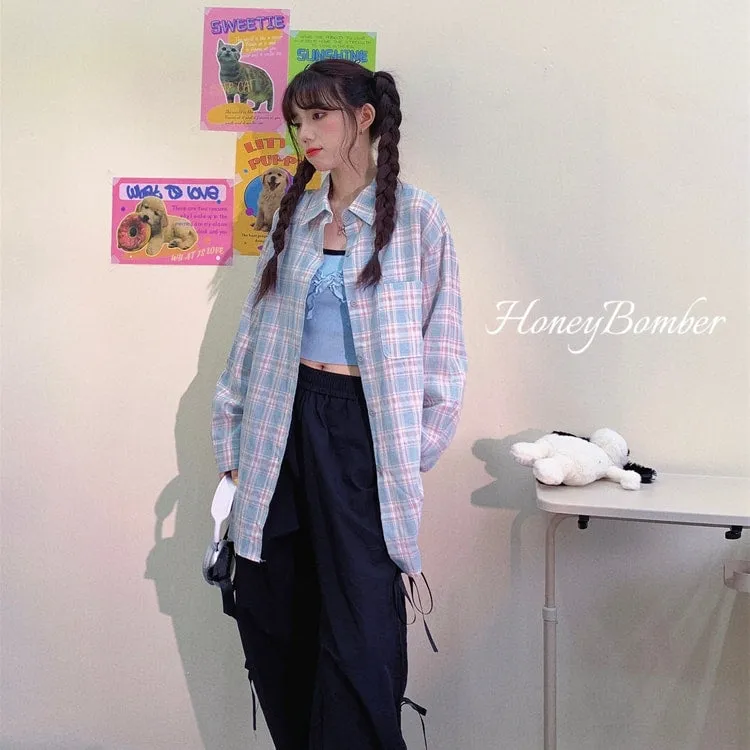 Sweet Japanese Cartoon Cat Print Blue Plaid Blouse