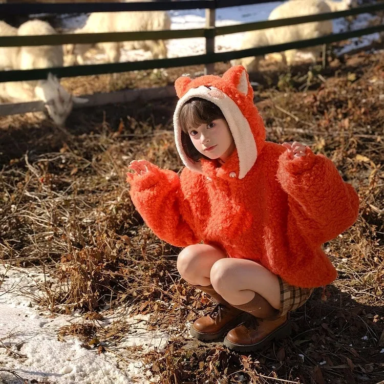 Sweet Orange Cartoon Fox Hooded Coat