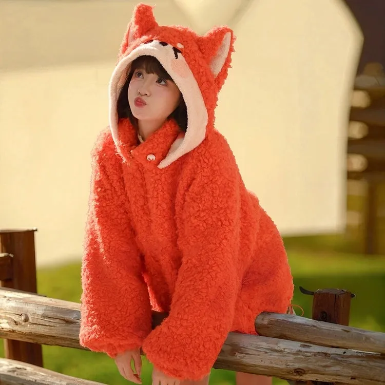 Sweet Orange Cartoon Fox Hooded Coat
