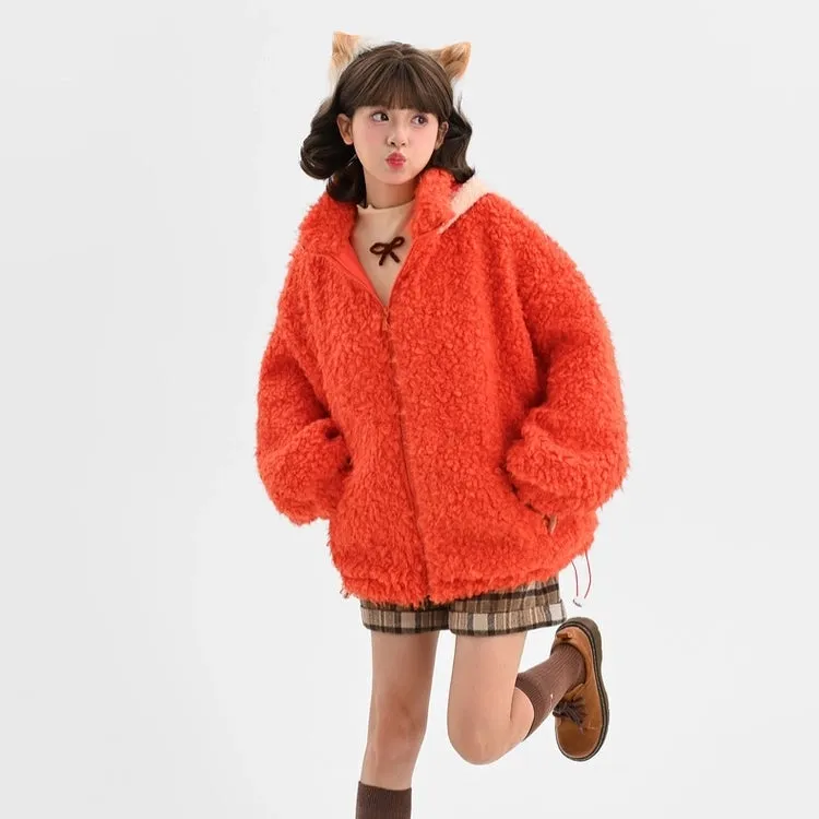 Sweet Orange Cartoon Fox Hooded Coat