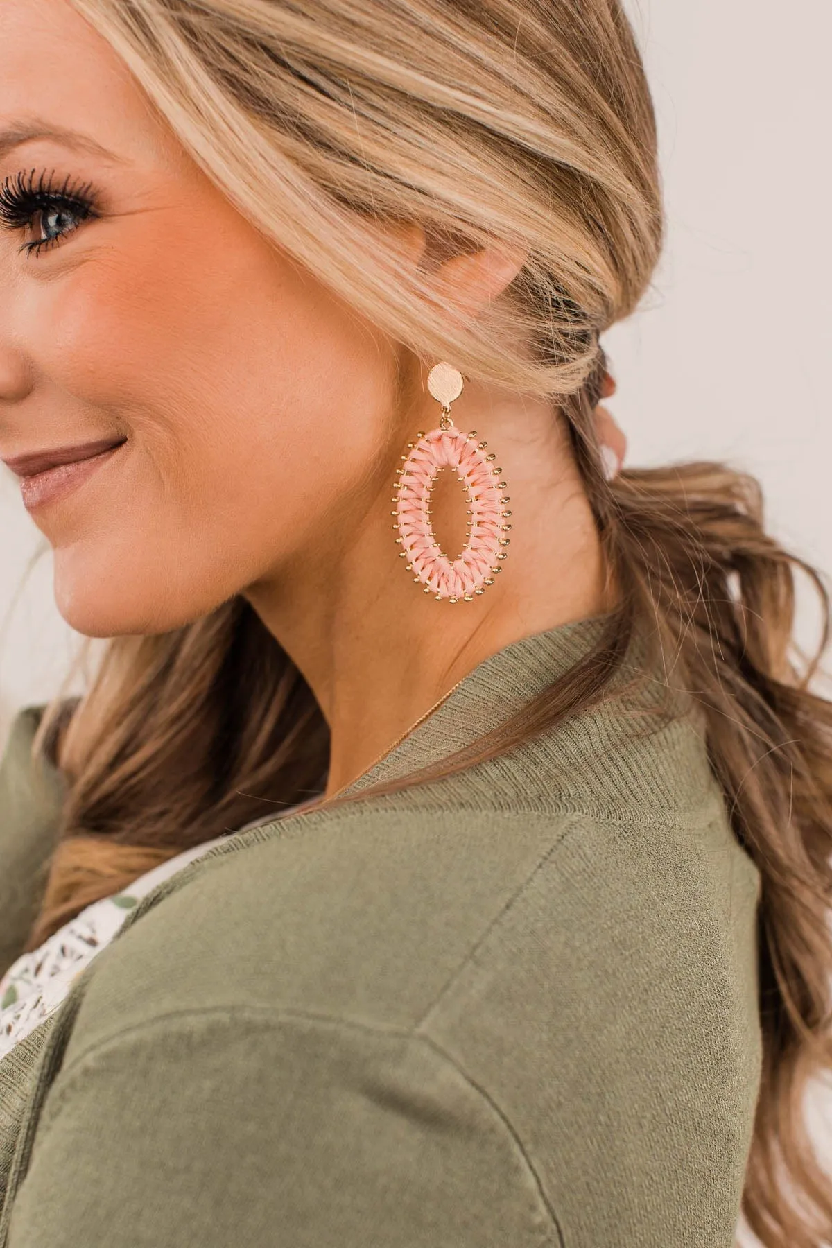 Sweetest Sunsets Gold Woven Dangle Earrings- Pink