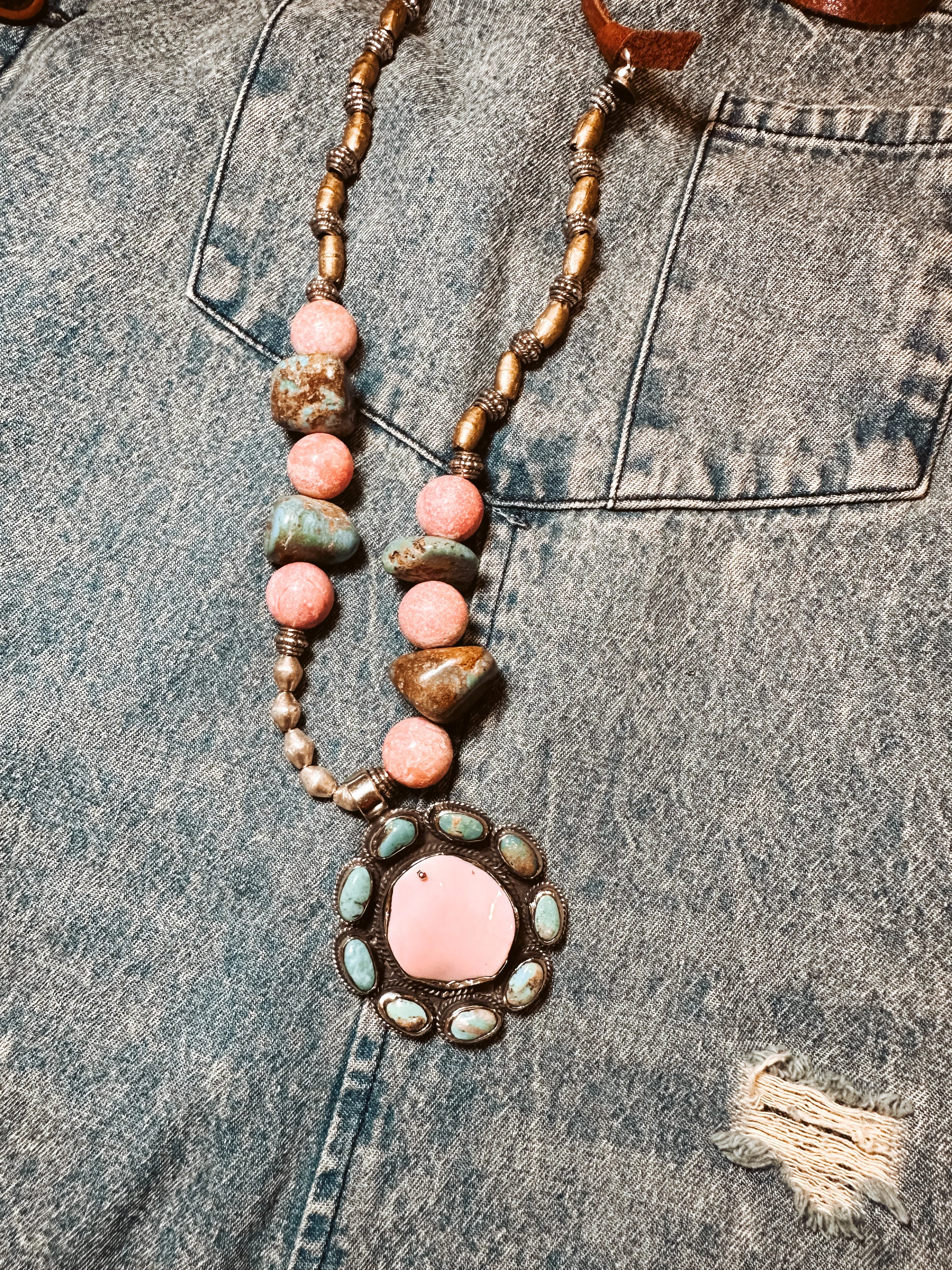 Turq   Pink Cluster Leather Necklace