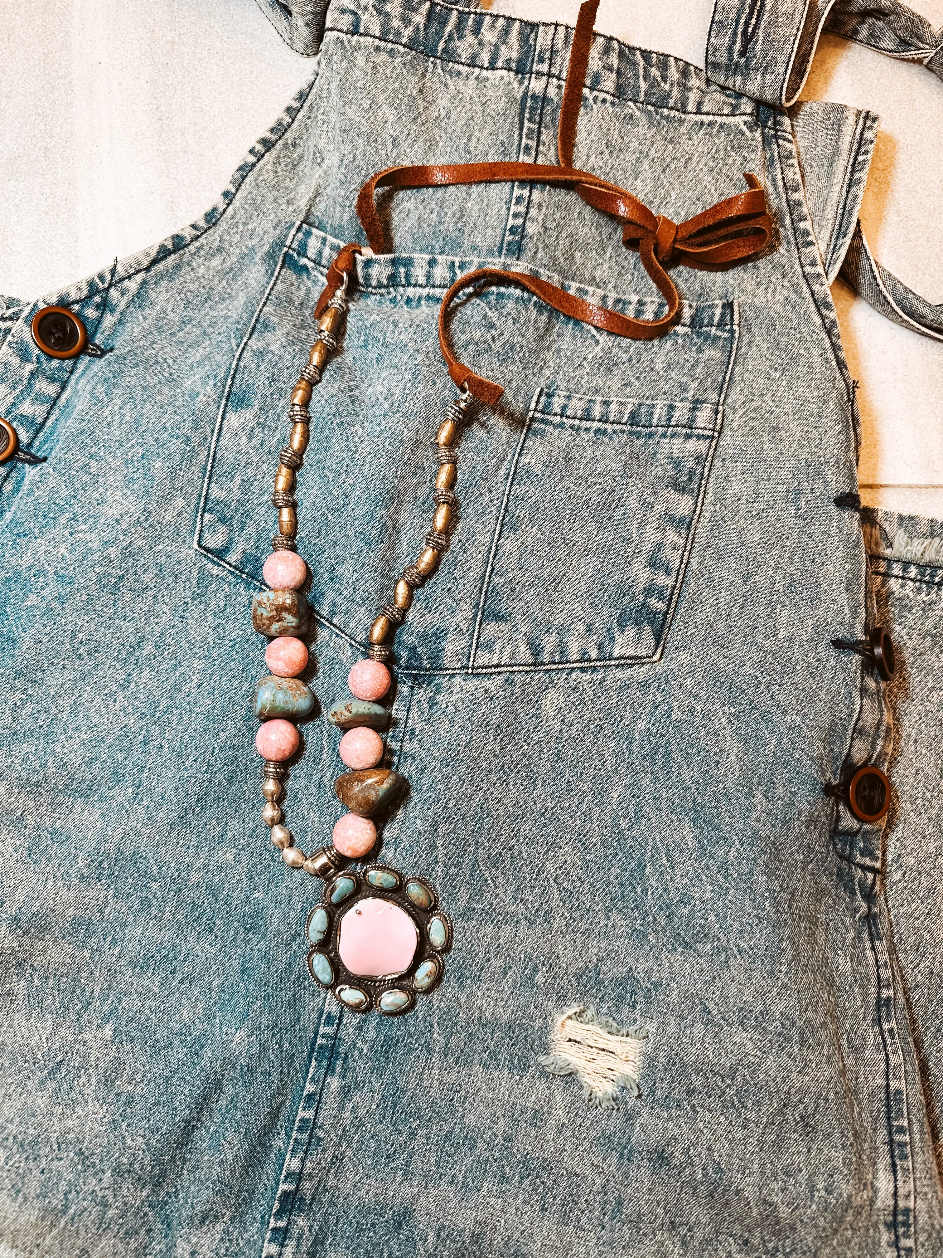 Turq   Pink Cluster Leather Necklace