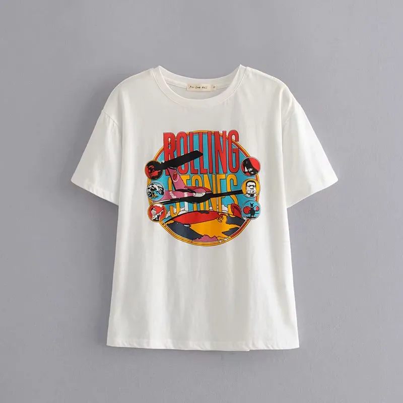 Vintage Beige Rolling Stones Summer Tshirt Rock Cartoon O Neck Cotton T-Shirt Girls Streetwear Designer Style New Arrivals 2019