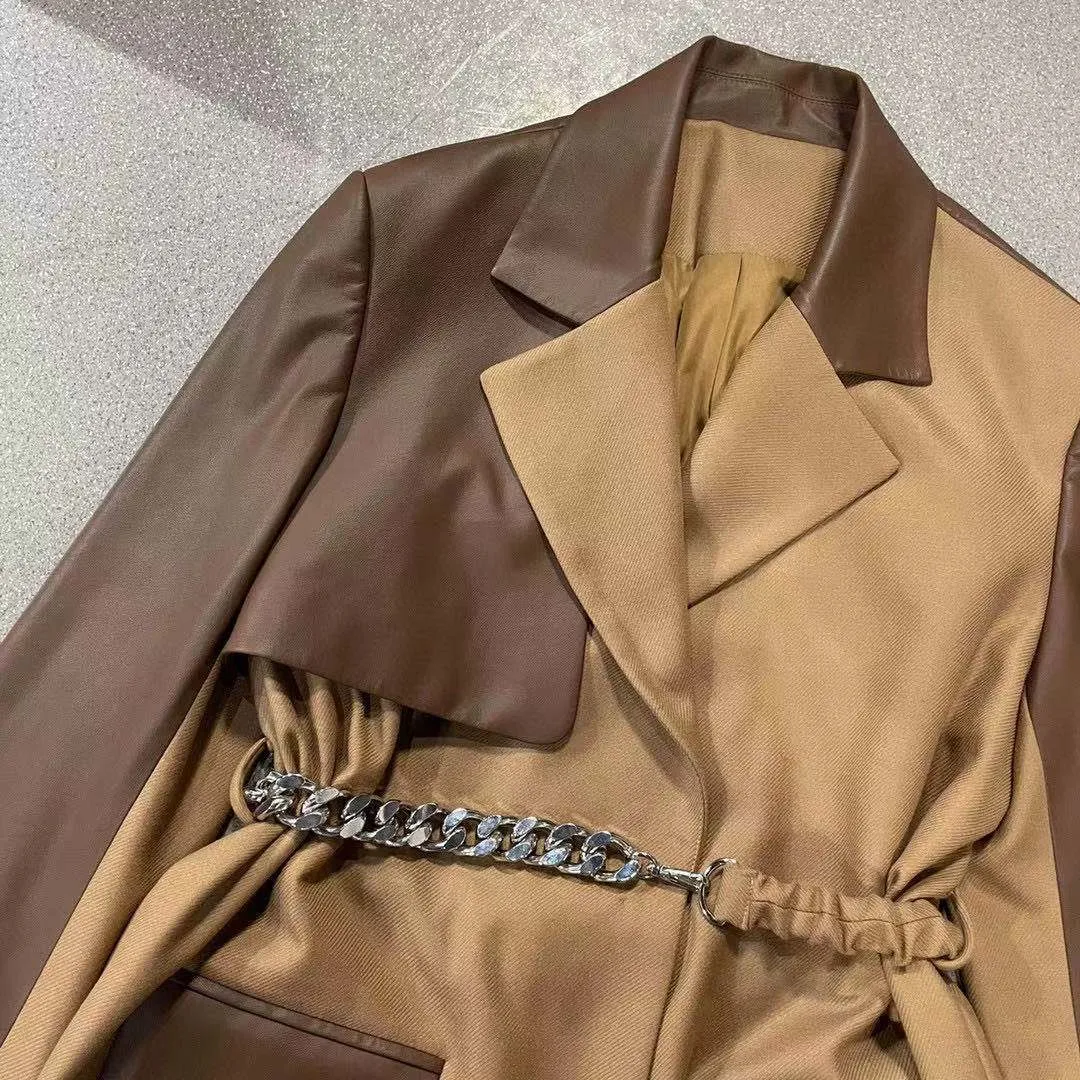 Vintage Leather Jacket Autumn Winter Women Patchwork Outwear