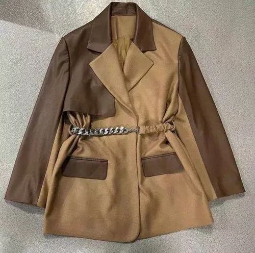 Vintage Leather Jacket Autumn Winter Women Patchwork Outwear