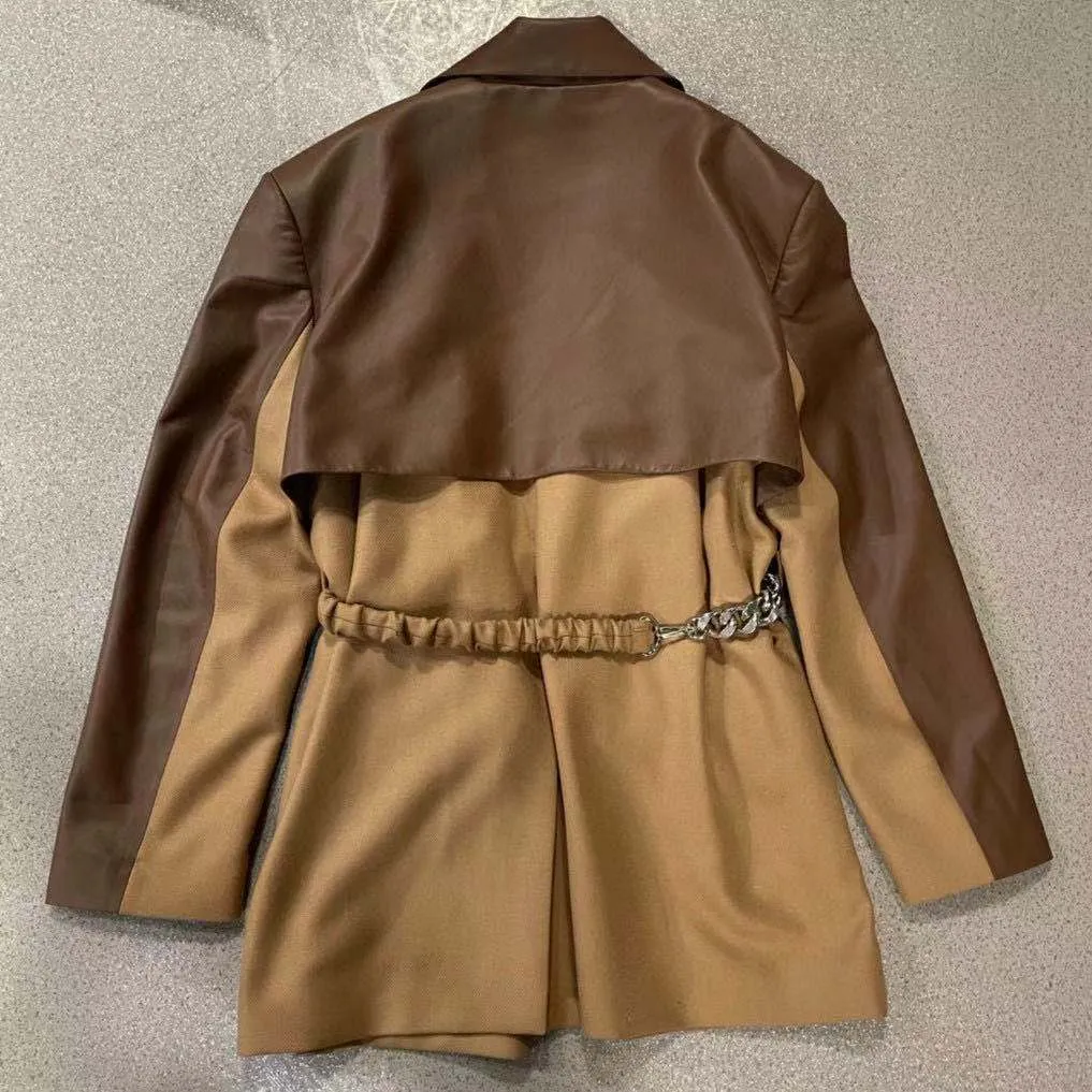 Vintage Leather Jacket Autumn Winter Women Patchwork Outwear