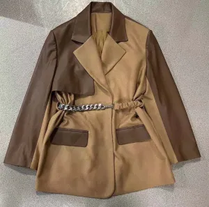 Vintage Leather Jacket Autumn Winter Women Patchwork Outwear