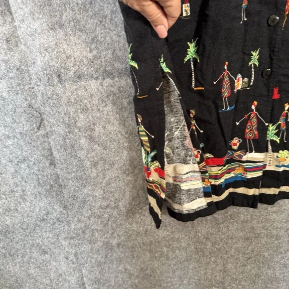 Vintage Linen Dress Size 14 Maxi Button Down Tropical People Cruise Tribal Trees