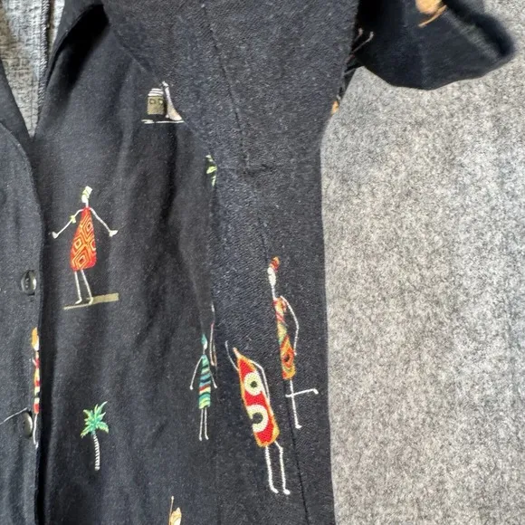 Vintage Linen Dress Size 14 Maxi Button Down Tropical People Cruise Tribal Trees