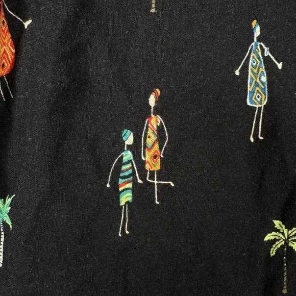 Vintage Linen Dress Size 14 Maxi Button Down Tropical People Cruise Tribal Trees