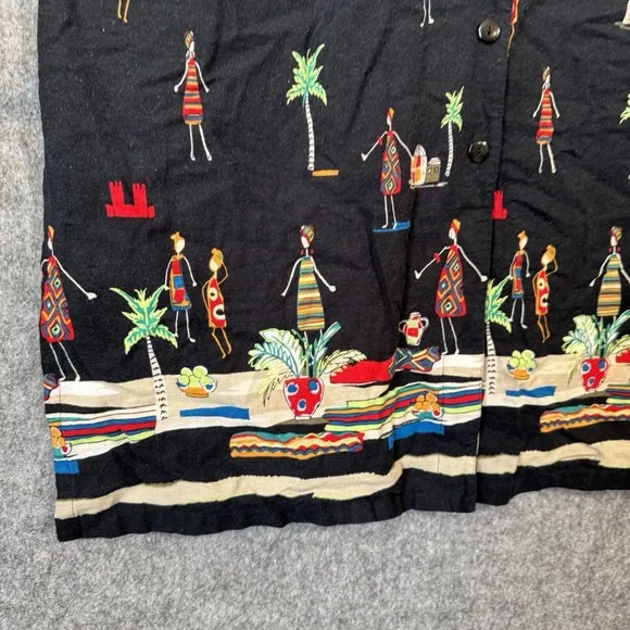 Vintage Linen Dress Size 14 Maxi Button Down Tropical People Cruise Tribal Trees