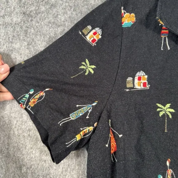 Vintage Linen Dress Size 14 Maxi Button Down Tropical People Cruise Tribal Trees