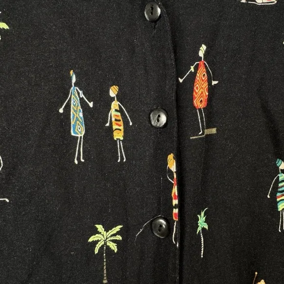 Vintage Linen Dress Size 14 Maxi Button Down Tropical People Cruise Tribal Trees