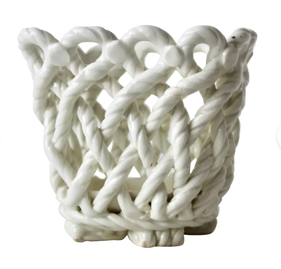 Vintage White Ceramic Woven Rope Cachepot Basket