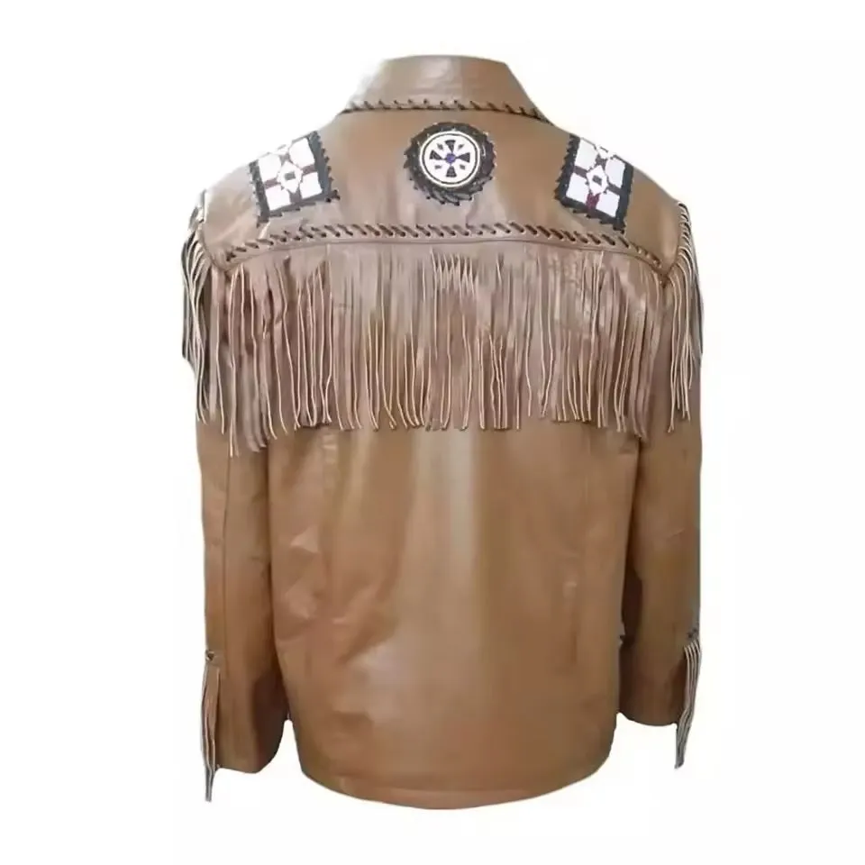 Western Brown Leather Fringe Eagle Beaded Jacket for Men MWJ762
