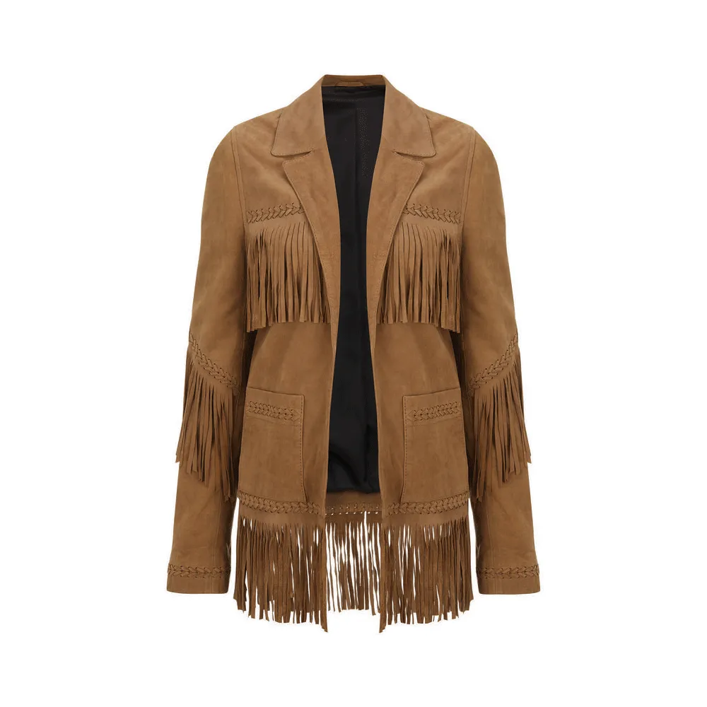 Western Fringe Brown Suede Leather Jacket for Men MWJ764
