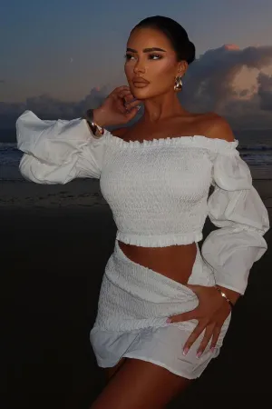 White Shirring Detail Bardot Top & Mini Skirt Co-ord Set - Connie