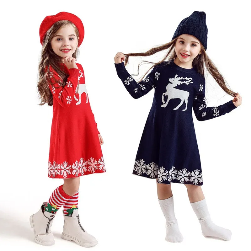 Winter Dress Girls Reindeer Snowflake Print