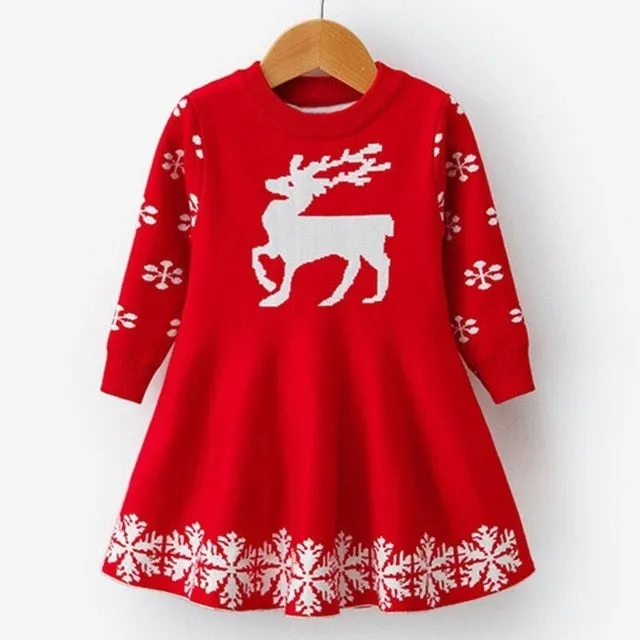 Winter Dress Girls Reindeer Snowflake Print