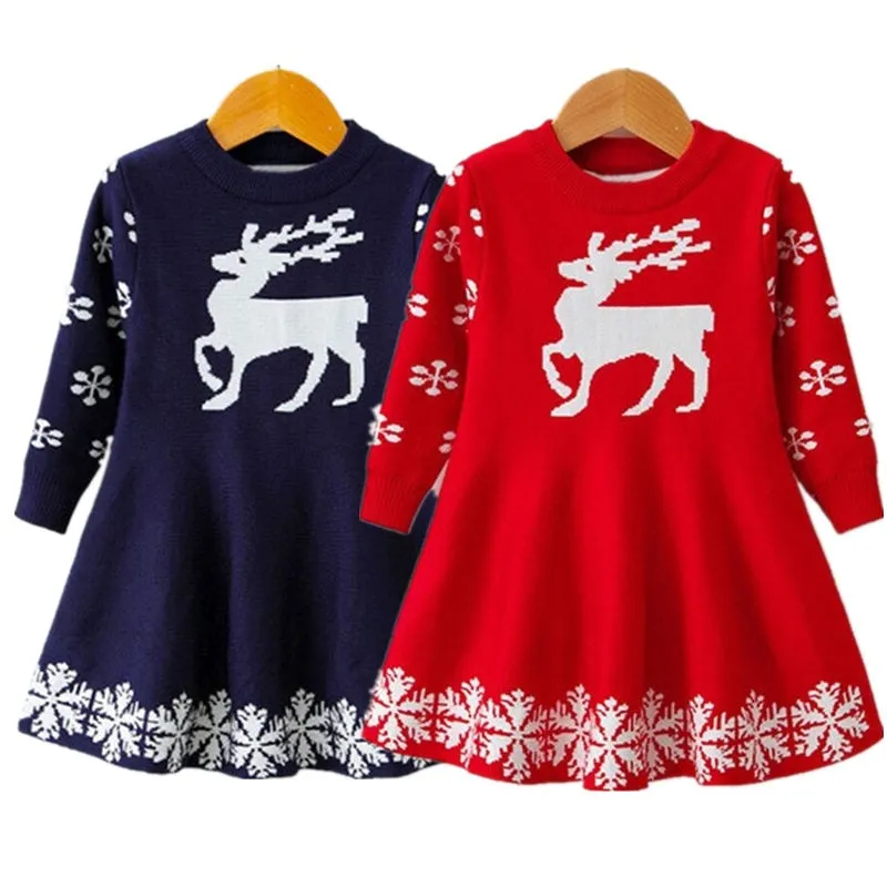 Winter Dress Girls Reindeer Snowflake Print