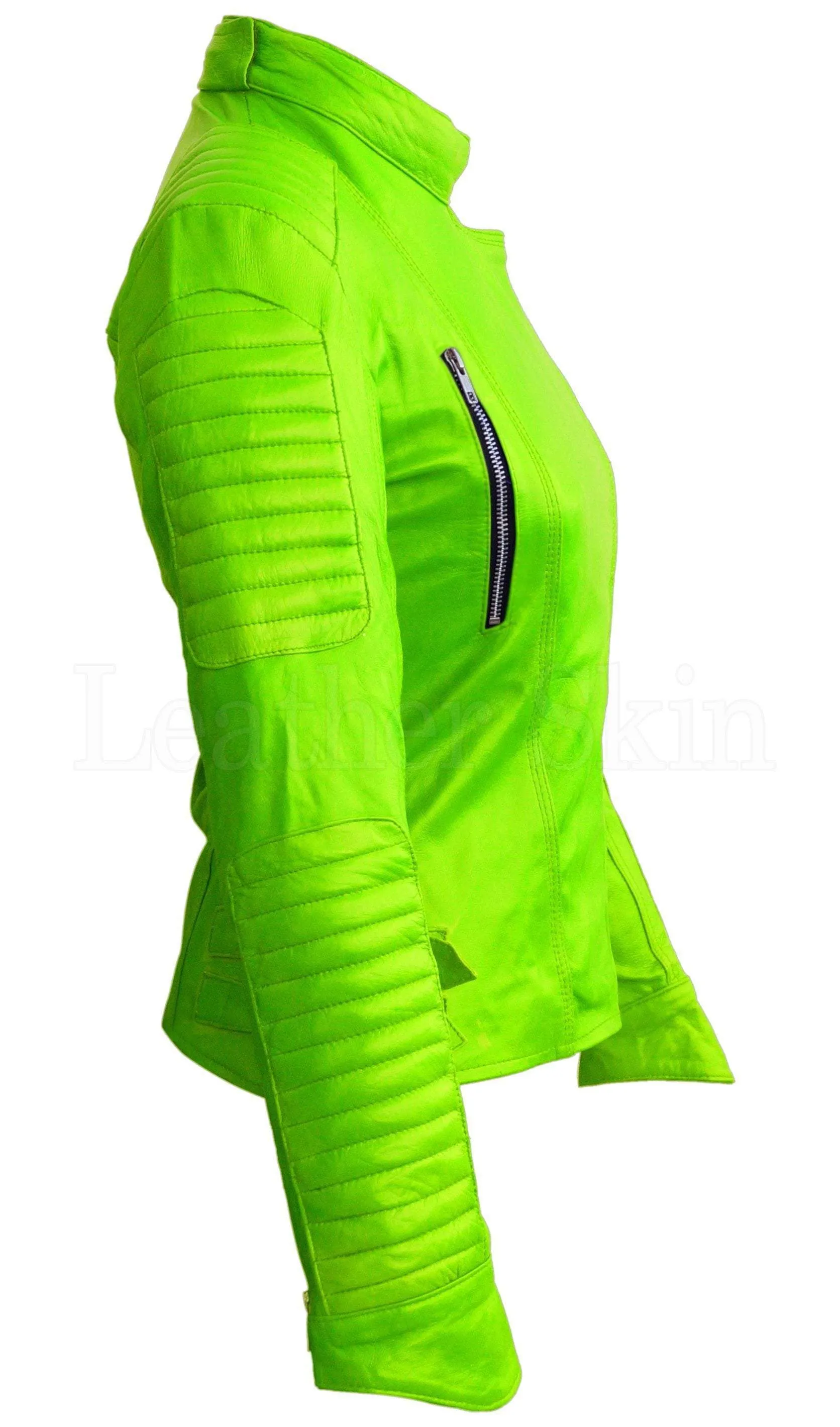 Women Parrot Green Padded Leather Jacket