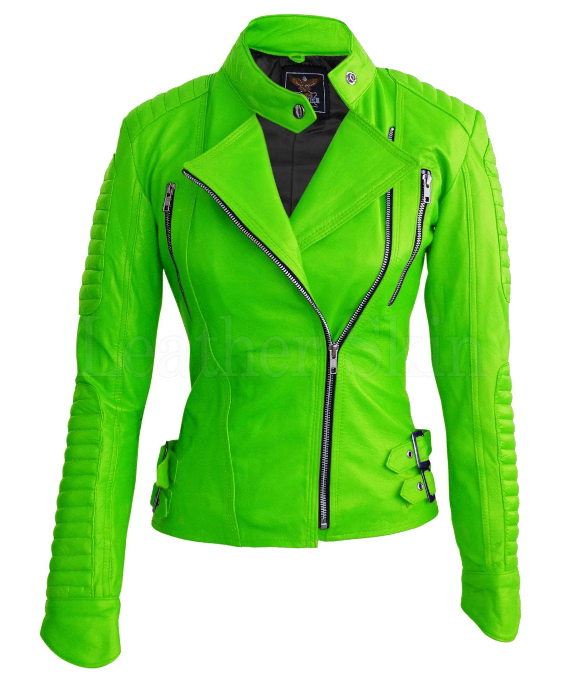 Women Parrot Green Padded Leather Jacket