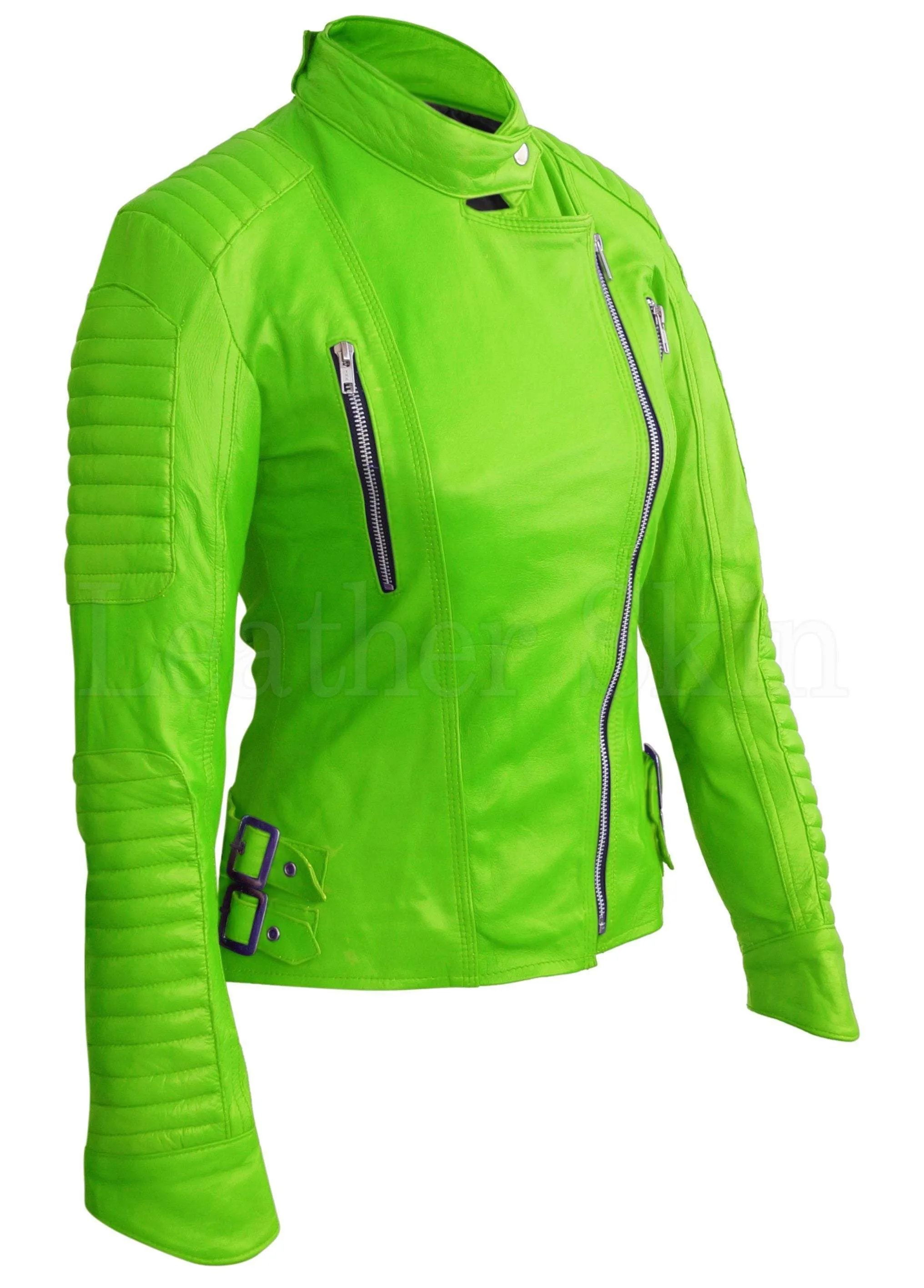 Women Parrot Green Padded Leather Jacket