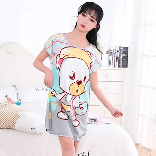 Women Print Cartoon Sleepwear Nightdress Strap Thin Female Underwear Nighty