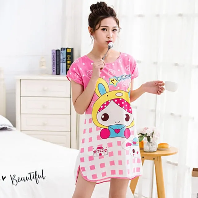 Women Print Cartoon Sleepwear Nightdress Strap Thin Female Underwear Nighty