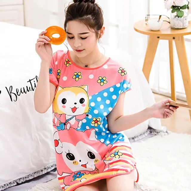 Women Print Cartoon Sleepwear Nightdress Strap Thin Female Underwear Nighty