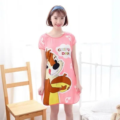 Women Print Cartoon Sleepwear Nightdress Strap Thin Female Underwear Nighty