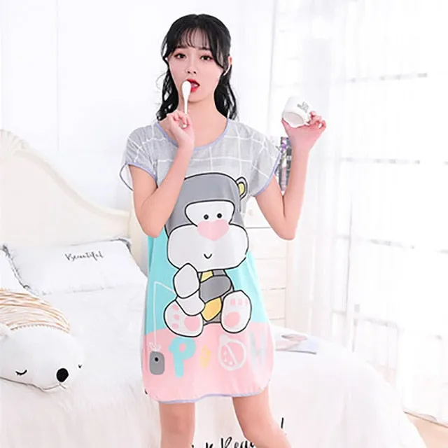 Women Print Cartoon Sleepwear Nightdress Strap Thin Female Underwear Nighty