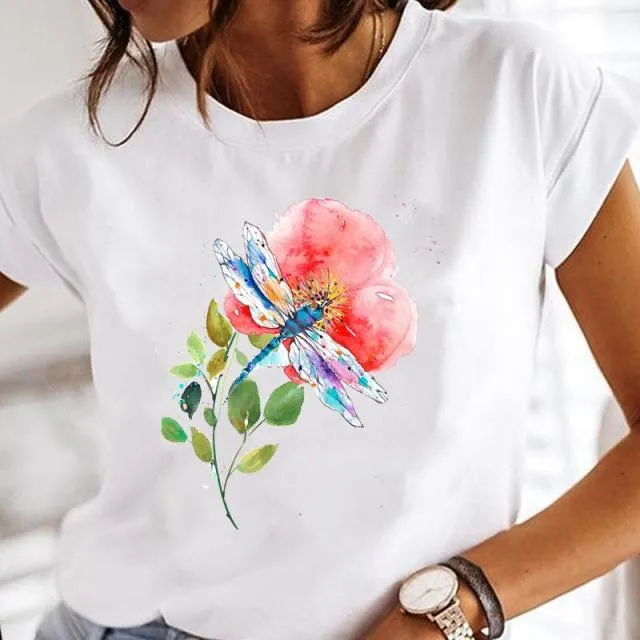 Women Print Clothes Watercolor Tops Tee Tshirt Fashion Print Cartoon O-neck Ladies T-Shirt