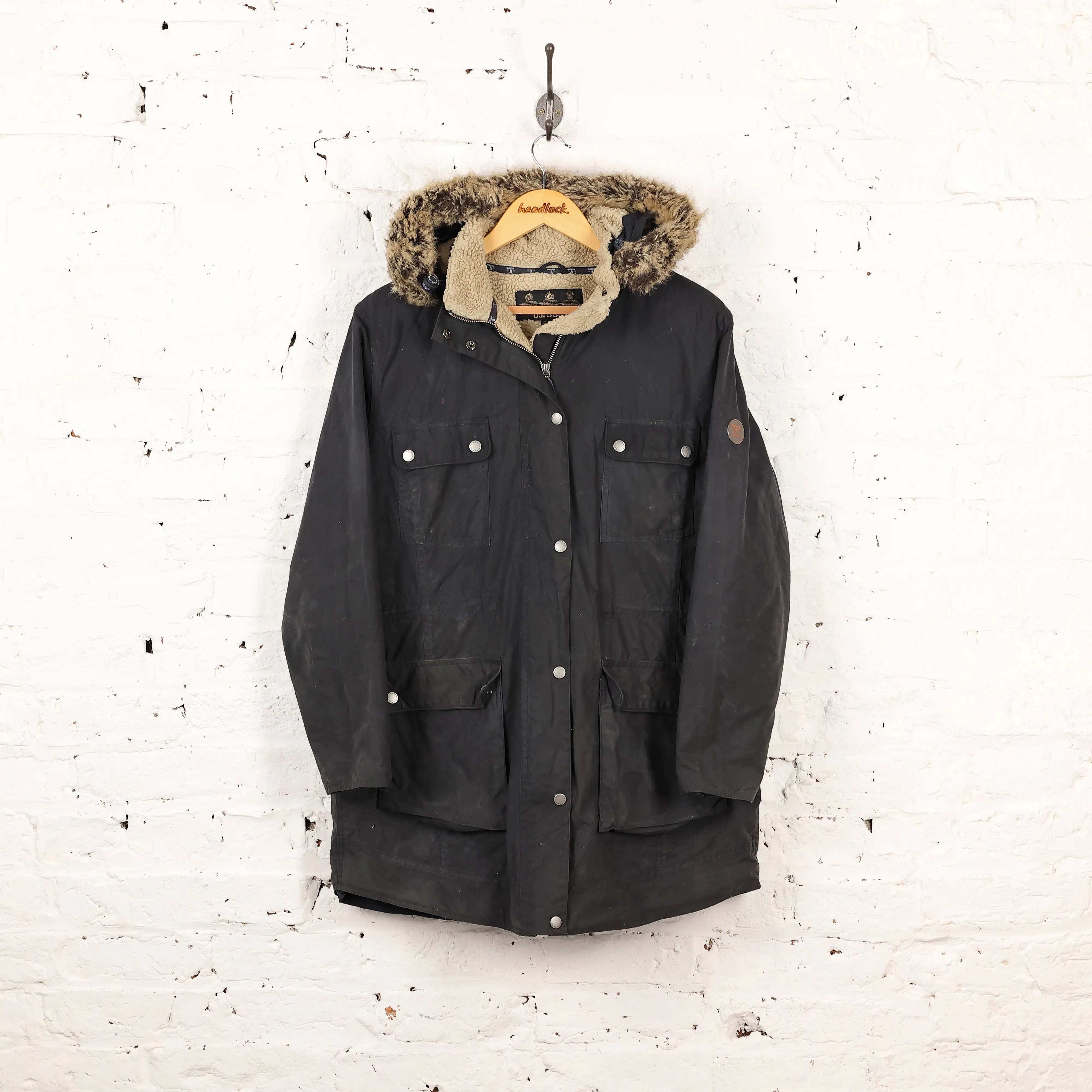 Women's Barbour Carribena Wax Parka Jacket Coat - Black - Womens L