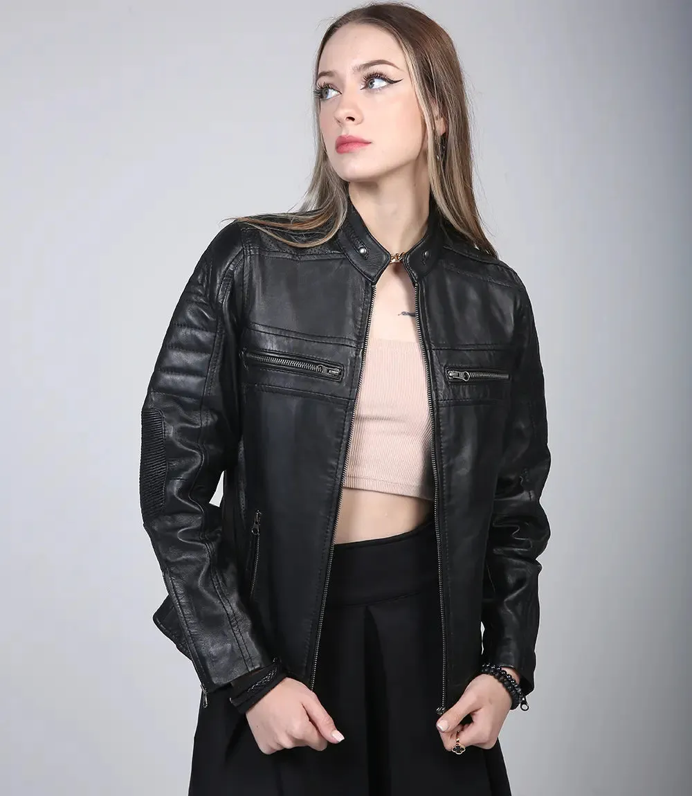 Women's Black Cafe Racer Leather Jacket