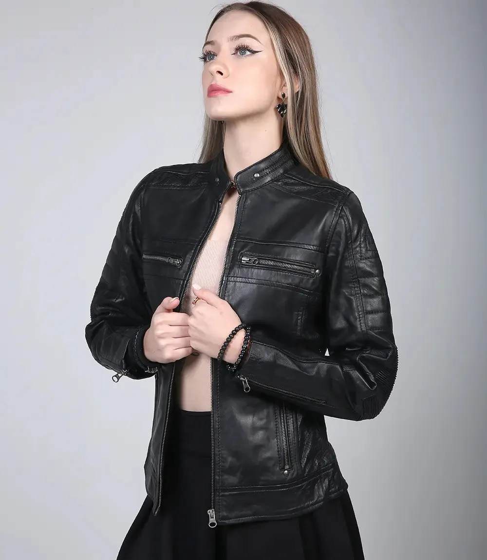 Women's Black Cafe Racer Leather Jacket