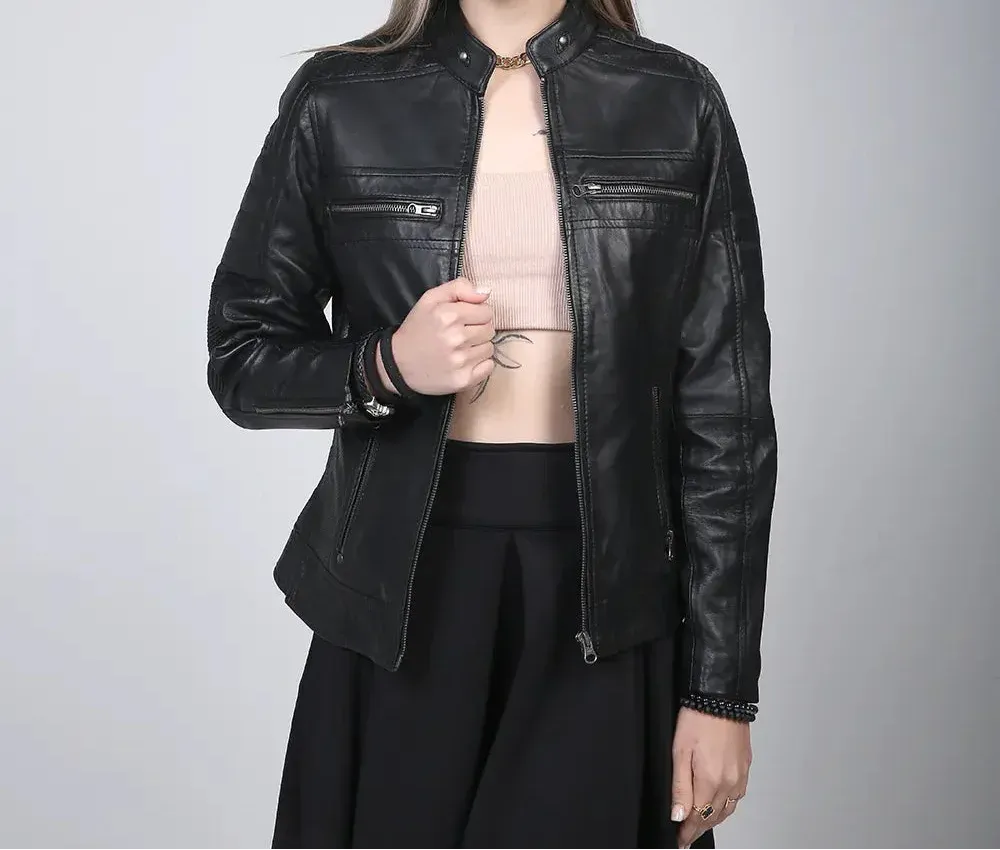 Women's Black Cafe Racer Leather Jacket