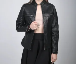 Women's Black Cafe Racer Leather Jacket