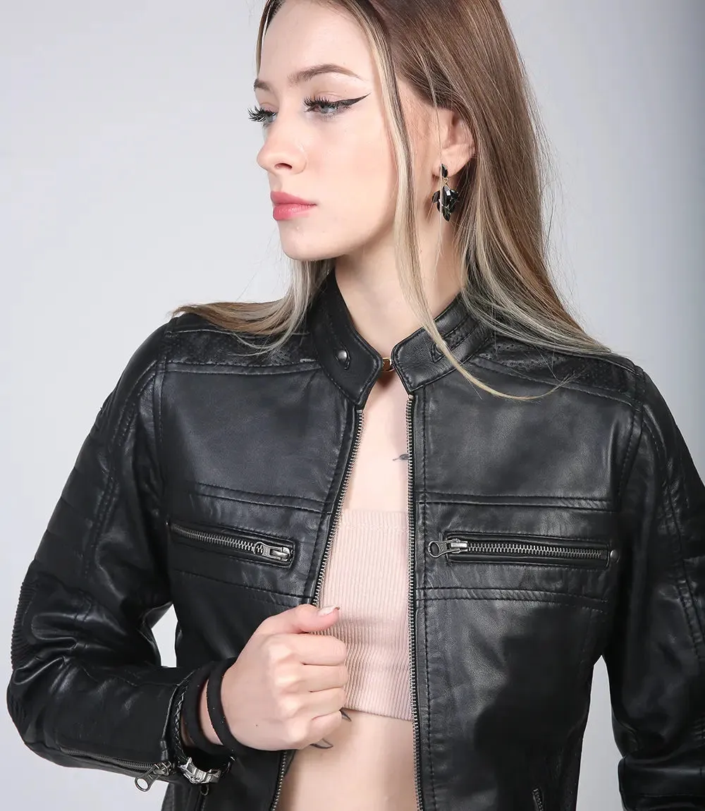Women's Black Cafe Racer Leather Jacket